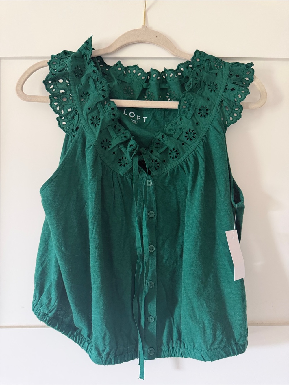 LOFT Emerald Green Eyelet Ruffle Tie-Front Sleeveless Top
